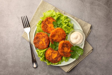Tasty vegan cutlets served with sauce on light gray table, top viewの写真素材