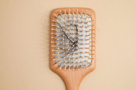 Wooden brush with lost hair on beige background, top view