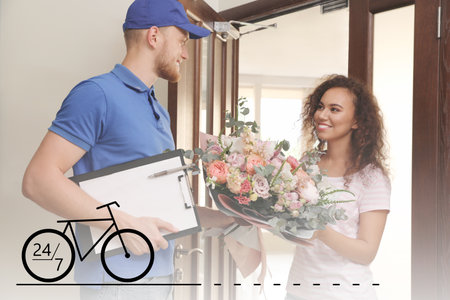 24/7 service. Woman receiving flower bouquet from delivery man at door. Illustration of bicycleの写真素材