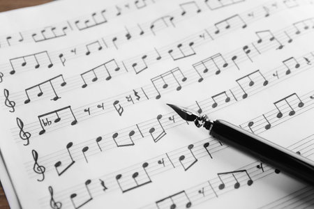 Sheet with musical notes and fountain pen, closeupの写真素材