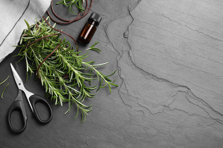 Sprigs of fresh rosemary, scissors and essential oil on black table, flat lay. Space for textの写真素材