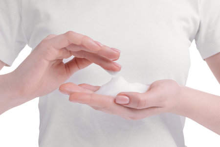 Woman with bath foam on white background, closeupの写真素材