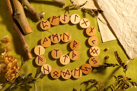 Many wooden runes and dried plants on olive fabric, flat lay