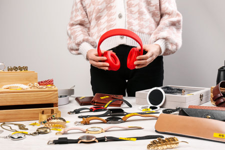 Woman holding headphones near table with different stuff indoors, closeup. Garage sale