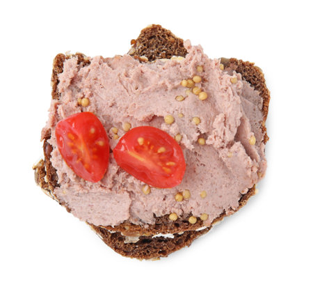 Delicious liverwurst sandwich with tomatoes and mustard isolated on white, top viewの写真素材