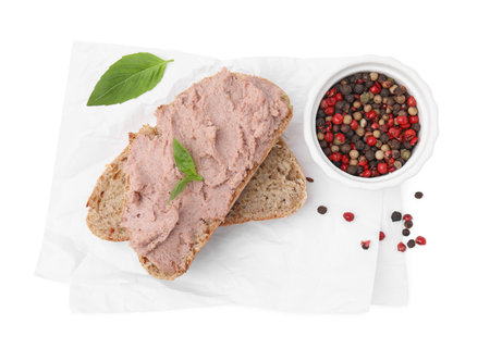 Delicious liverwurst sandwich and spices on white background, top viewの写真素材