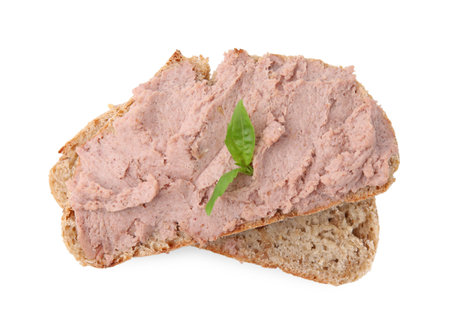 Delicious liverwurst sandwich with basil isolated on white, top viewの写真素材