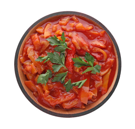 Delicious lecho in bowl isolated on white, top viewの写真素材