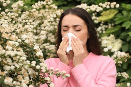 Woman suffering from seasonal pollen allergy near blossoming tree on spring dayの写真素材