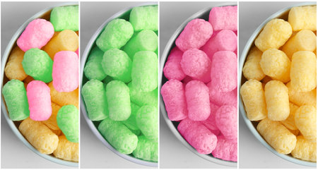 Collage of bowls with colorful corn puffs on light gray background, top viewの写真素材