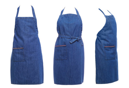 Collage with blue denim apron isolated on white, different sidesの写真素材