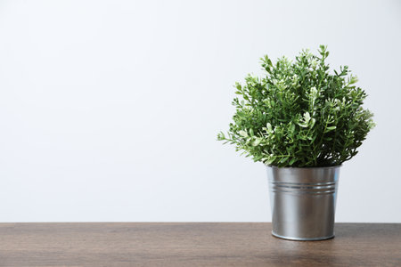 Artificial potted thyme on wooden table against white background, space for textの写真素材