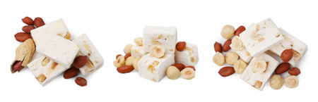 Piles of delicious nougat with nuts on white background, collage designの写真素材