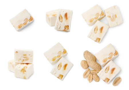 Delicious nougat with peanuts on white background, collage designの写真素材