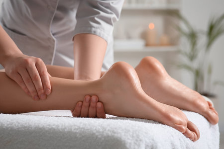 Woman receiving leg massage in spa salon, closeupの写真素材
