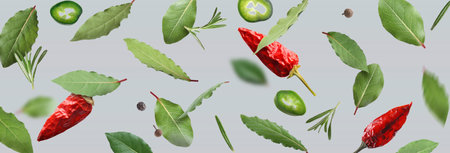 Bay leaves, rosemary, fresh green, dry red and black pepper flying on gray background, banner design