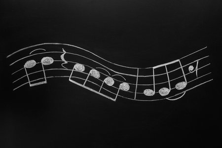 Musical notes written with chalk on blackboardの写真素材