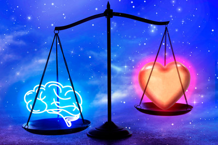 Choosing between logic and emotions. Scales with glowing heart and illustration of brain against starry skyの写真素材