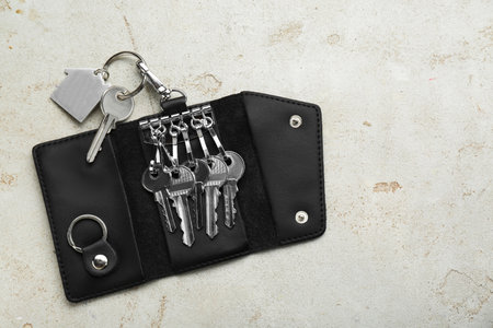 Stylish leather holder with keys on light gray table, top view. Space for textの写真素材