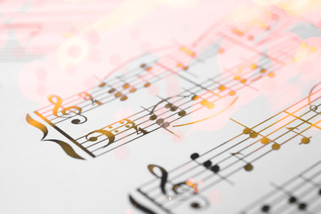 Sheet with music notes as background, closeup. Color tone effectの写真素材