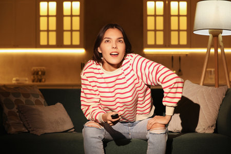 Surprised woman watching TV on sofa at home