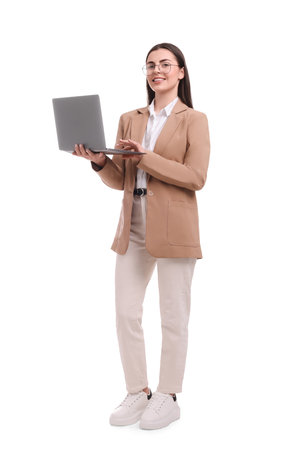 Beautiful businesswoman using laptop on white backgroundの写真素材