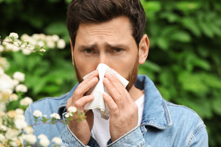 Man suffering from seasonal pollen allergy near blossoming tree on spring dayの写真素材