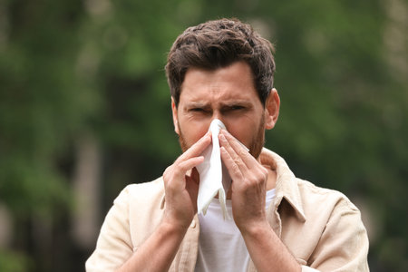 Man suffering from seasonal spring allergy outdoorsの写真素材