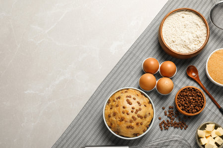 Dough and ingredients for cooking chocolate chip cookies on light gray table, flat lay. Space for...
