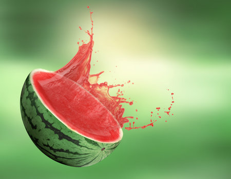 Watermelon with splashing juice on green backgroundの写真素材