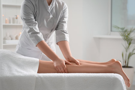 Woman receiving leg massage in spa salon, closeupの写真素材