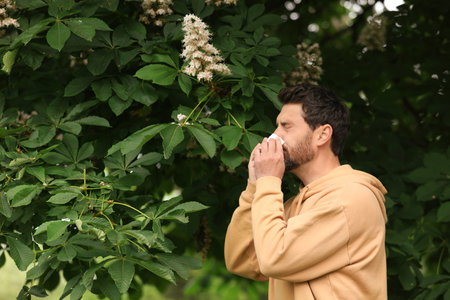 Man suffering from seasonal spring allergy near tree in parkの写真素材