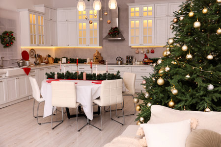 Cozy spacious kitchen decorated for Christmas. Interior designの写真素材