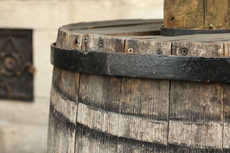 Traditional wooden barrel outdoors, closeup. Wine makingの写真素材