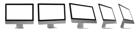 Collage design with computer monitor on white background, different sides