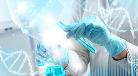 Genetics. Double exposure with photo of scientist and illustrations, banner design