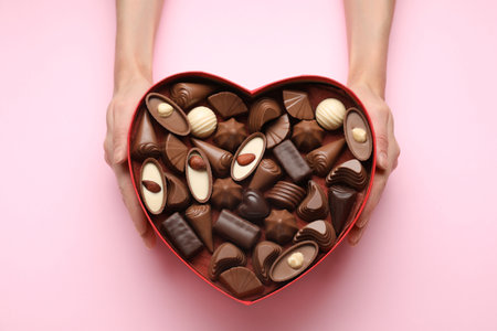 Woman holding heart shaped box with delicious chocolate candies on pink background, top viewの写真素材