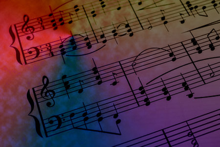 Sheet with music notes as background, closeup. Color tone effectの写真素材