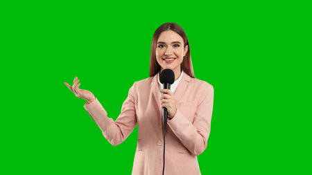 Chroma key compositing. Broadcaster with microphone against green screen, banner designの写真素材