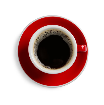 Red cup with aromatic coffee isolated on white, top viewの写真素材