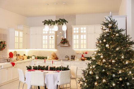 Cozy spacious kitchen decorated for Christmas. Interior designの写真素材
