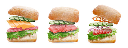Tasty ciabatta sandwiches with fresh ingredients in air on white background, collage designの写真素材