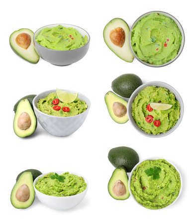 Collage of bowls with tasty guacamole and avocados on white background, top and side viewsの写真素材