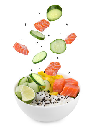 Poke recipe. Different ingredients falling into bowl on white backgroundの写真素材