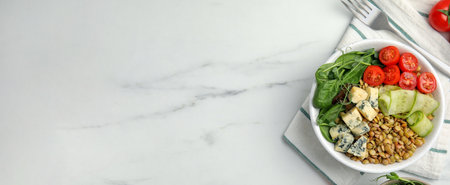 Delicious lentils served on white marble table, flat lay. Banner design with space for textの写真素材