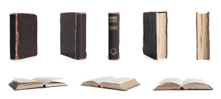 Collage with old hardcover books isolated on whiteの写真素材