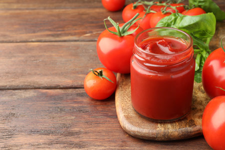 Jar of tasty ketchup and tomatoes on wooden table, closeup. Space for textの写真素材