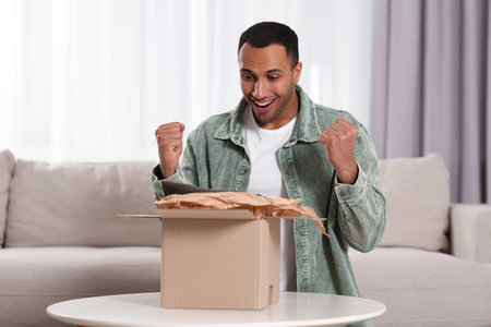 Emotional young man opening parcel at table indoors. Internet shopping