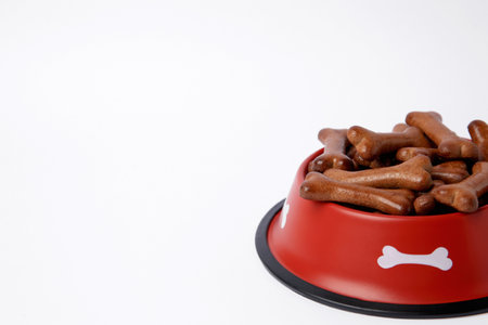 Red bowl with bone shaped dog cookies on white background, space for textの写真素材
