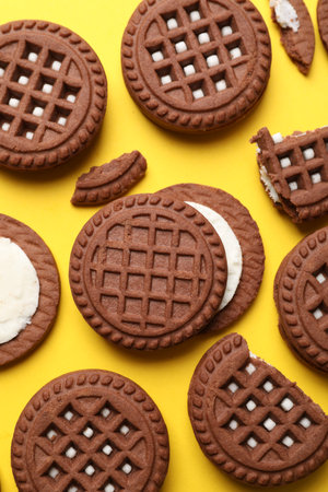 Tasty chocolate sandwich cookies with cream on yellow background, flat layの写真素材
